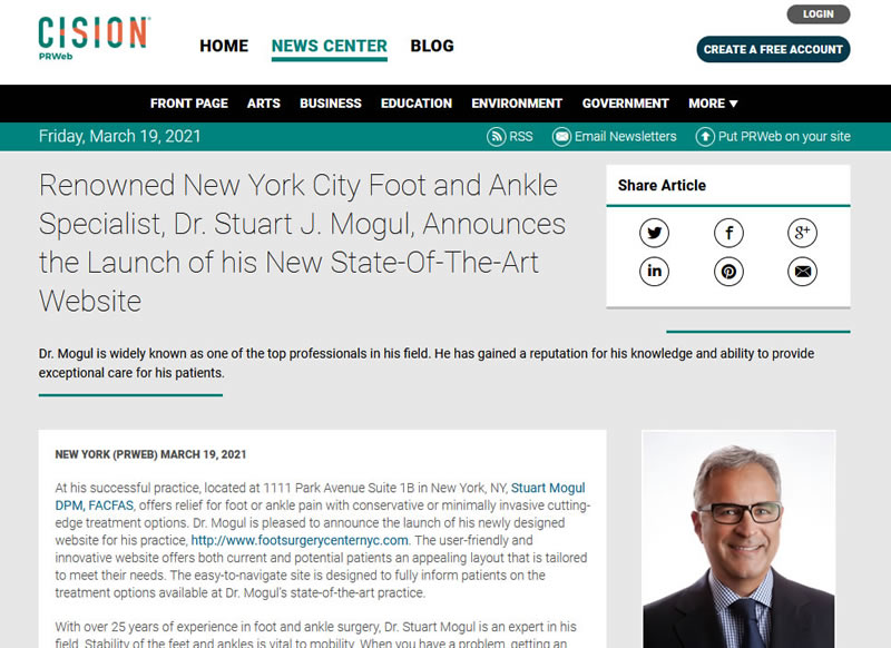 Screenshot of an article - Renowned New York City Foot and Ankle Specialist, Dr. Stuart J. Mogul, Announces the Launch of his New State-Of-The-Art Website