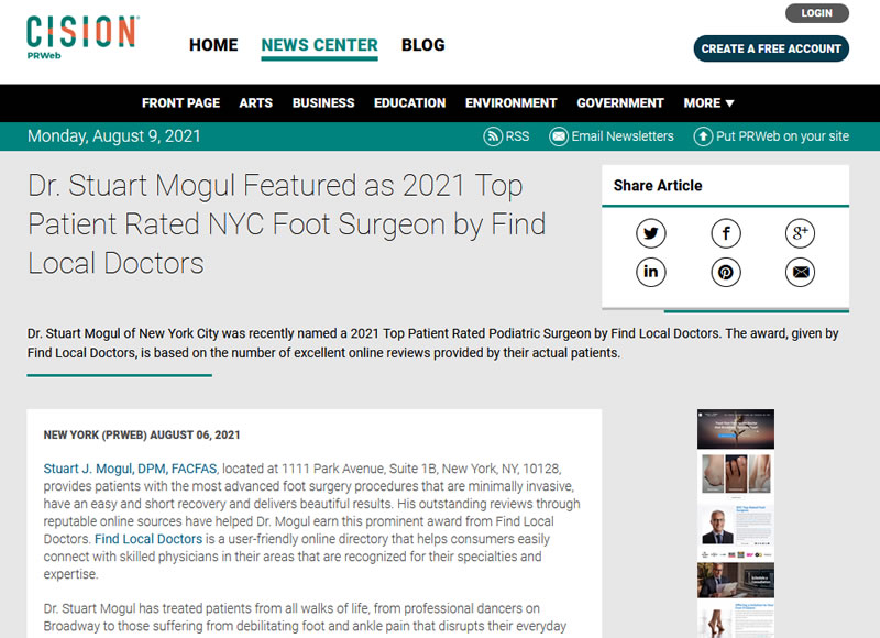 Screenshot of an article - Dr. Stuart Mogul Featured as 2021 Top Patient Rated NYC Foot Surgeon by Find Local Doctors