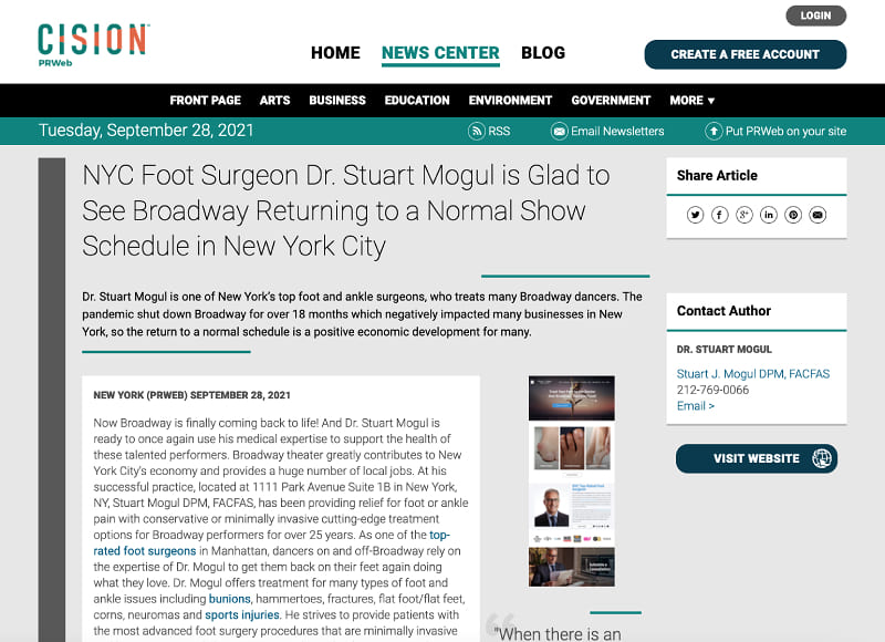 Screenshot of an article - NYC Foot Surgeon Dr. Stuart Mogul is Glad to See Broadway Returning to a Normal Show Schedule in New York City