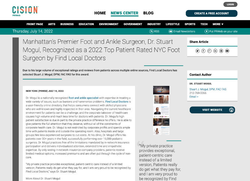 Screenshot of an article - Manhattan’s Premier Foot and Ankle Surgeon, Dr. Stuart Mogul, Recognized as a 2022 Top Patient Rated NYC Foot Surgeon by Find Local Doctors